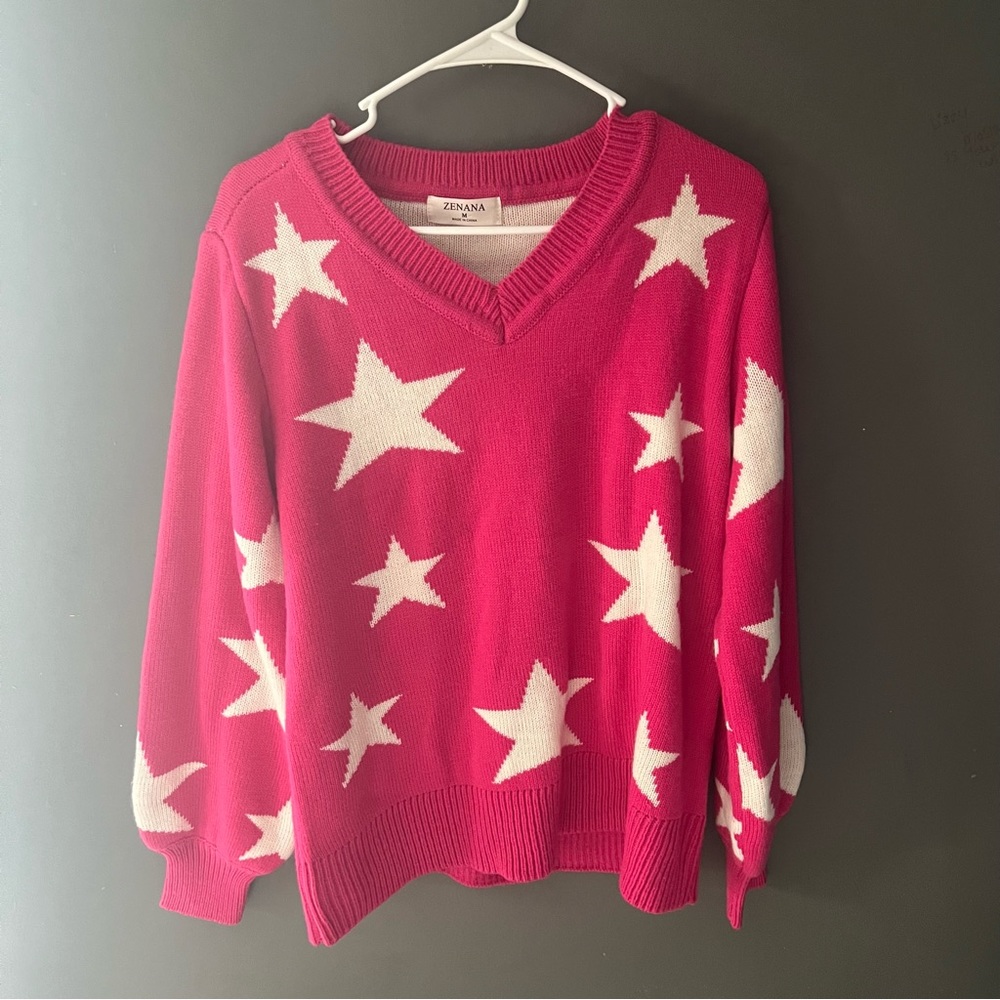 Like New Zenana Barbiecore Pink and White Star V Neck Knit Sweater